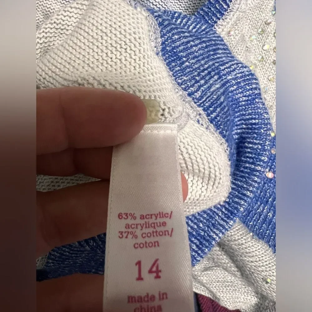 Justice Girls Blue‎ Gray Striped Rhinestone V-Neck Hoodie Sweater Size 14